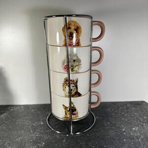 Pier One Dolomite Puppy Love stacking mugs with holder